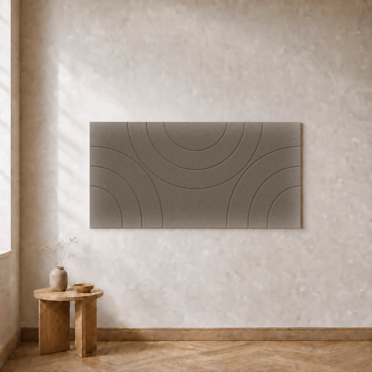 Een losse akoestische Curvy wandtegel Design C in Taupe, 120 bij 60 centimeter