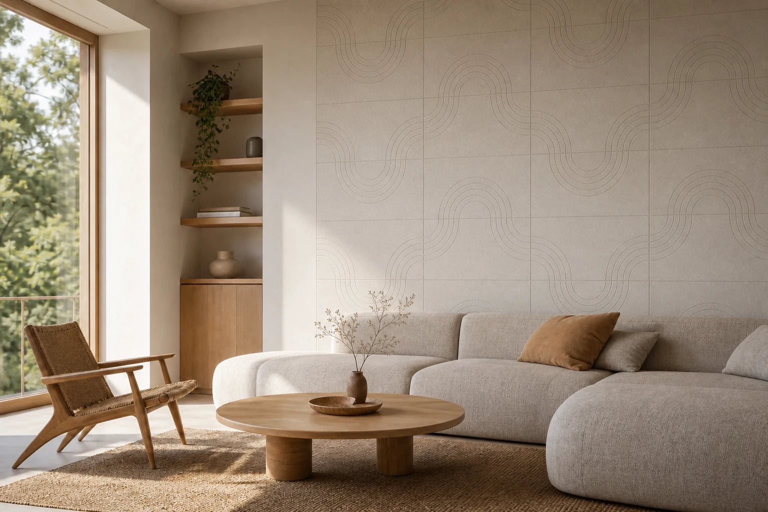 Akoestische wandtegels Curvy in een warme woonkamer