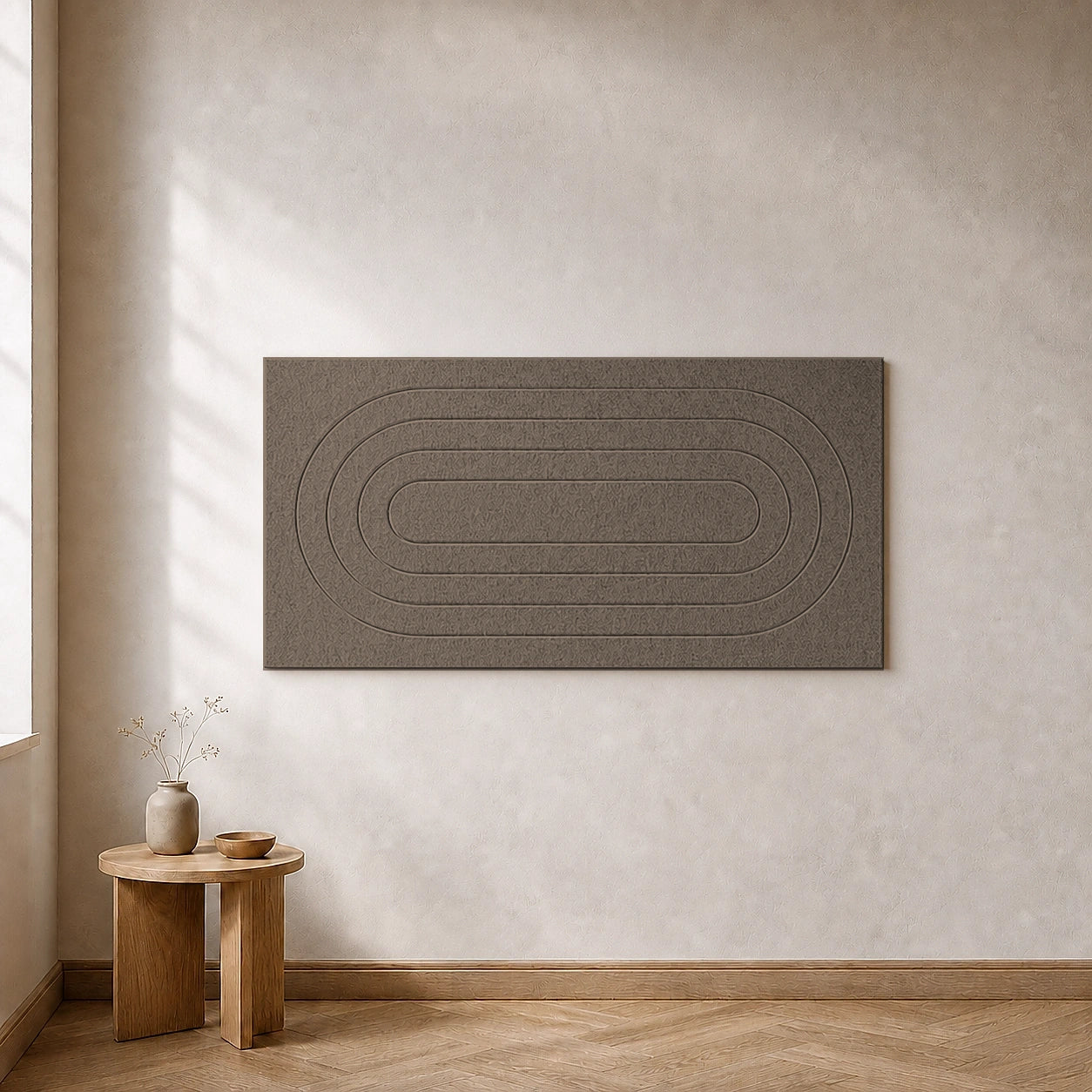 Eén losse akoestische Groovy wandtegel in Taupe, 120 bij 60 centimeter