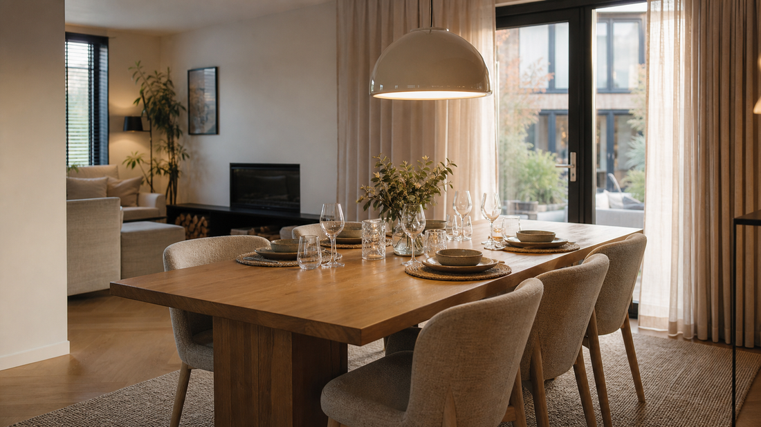 Warme eethoek met houten tafel, zachte stoelen en natuurlijke materialen