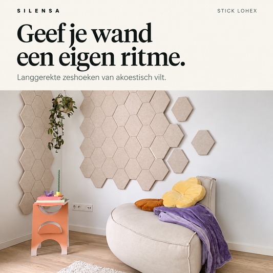 Stick Lohex: geef je wand een eigen ritme. Langgerekte zeshoeken van akoestisch vilt.