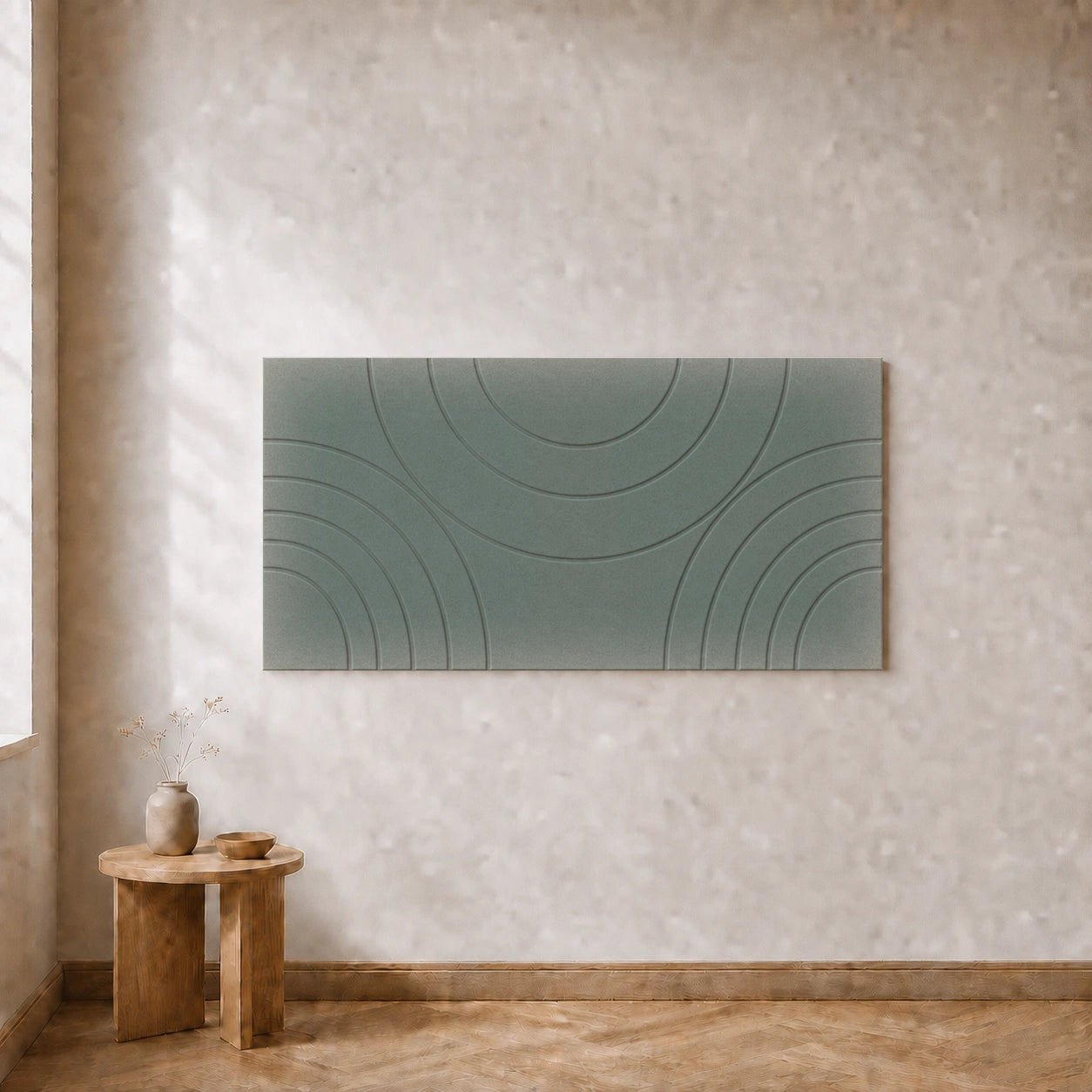 Een losse akoestische Curvy wandtegel Design D in Eucalyptus, 120 bij 60 centimeter