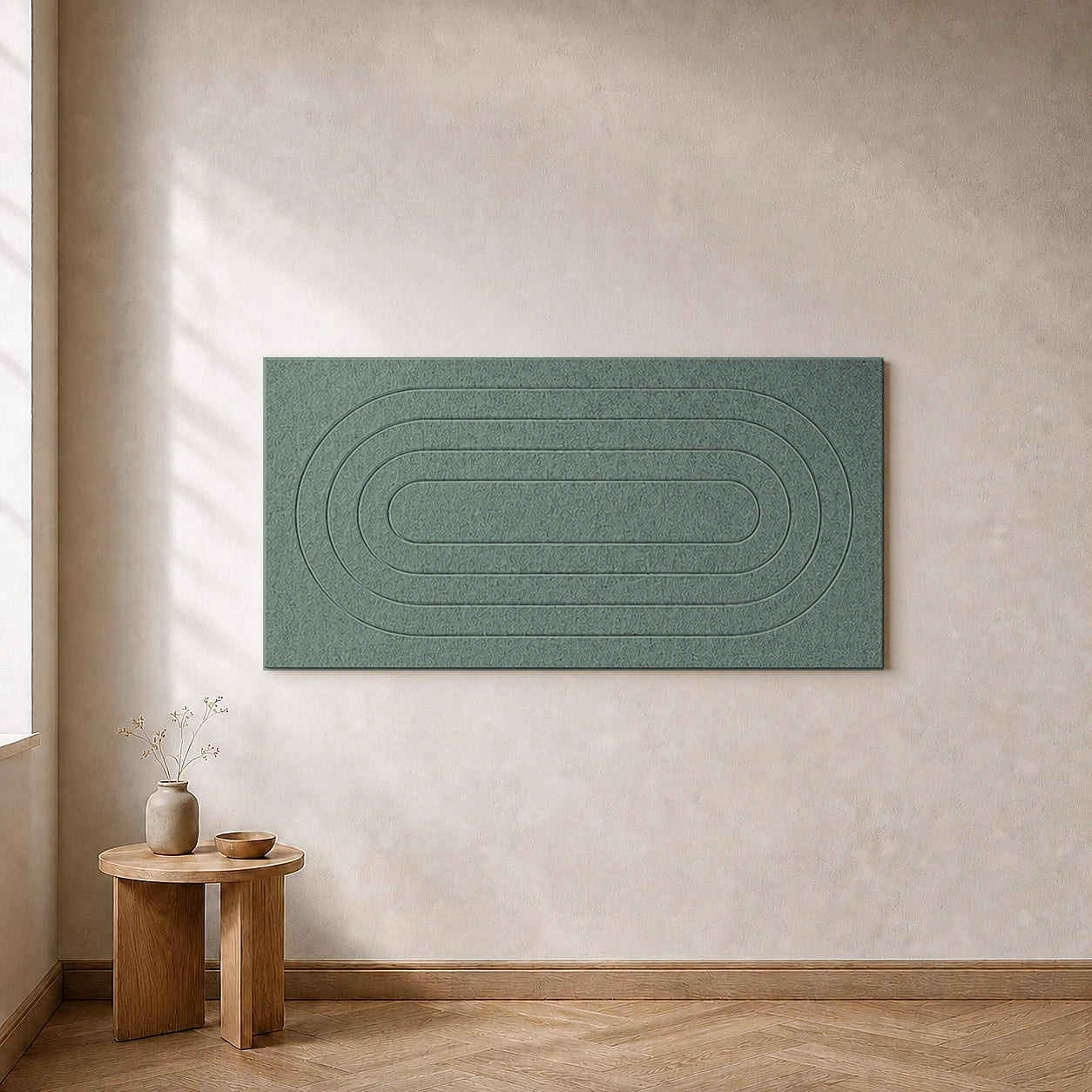 Eén losse akoestische Groovy wandtegel in Eucalyptus, 120 bij 60 centimeter