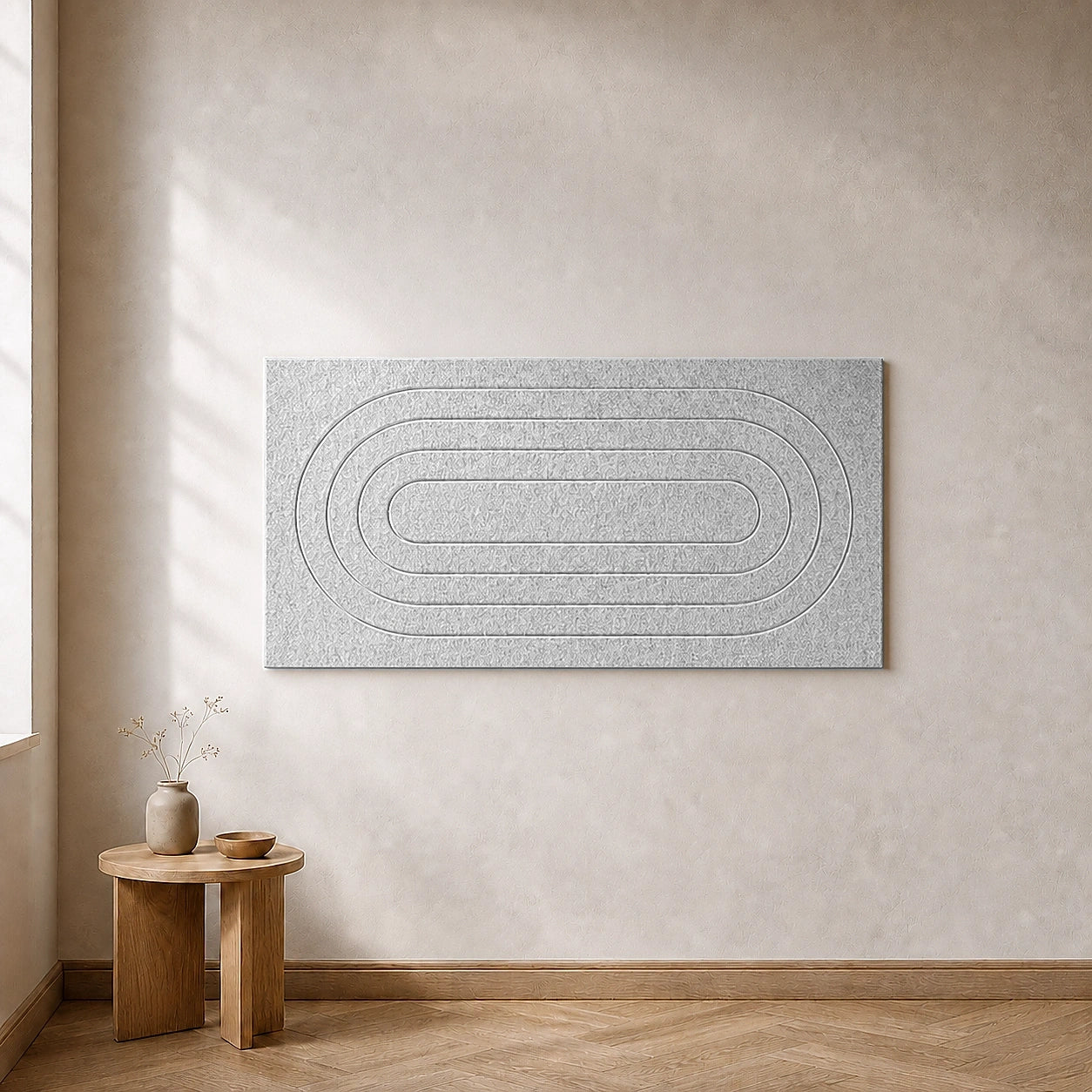 Eén losse akoestische Groovy wandtegel in New Marble, 120 bij 60 centimeter
