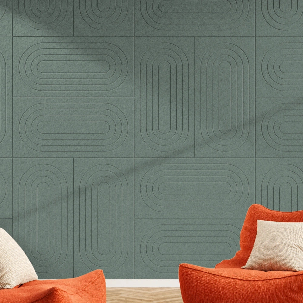 Akoestische wandtegels Groovy – geluiddempend vilt, retro golfpatroon in Eucalyptus