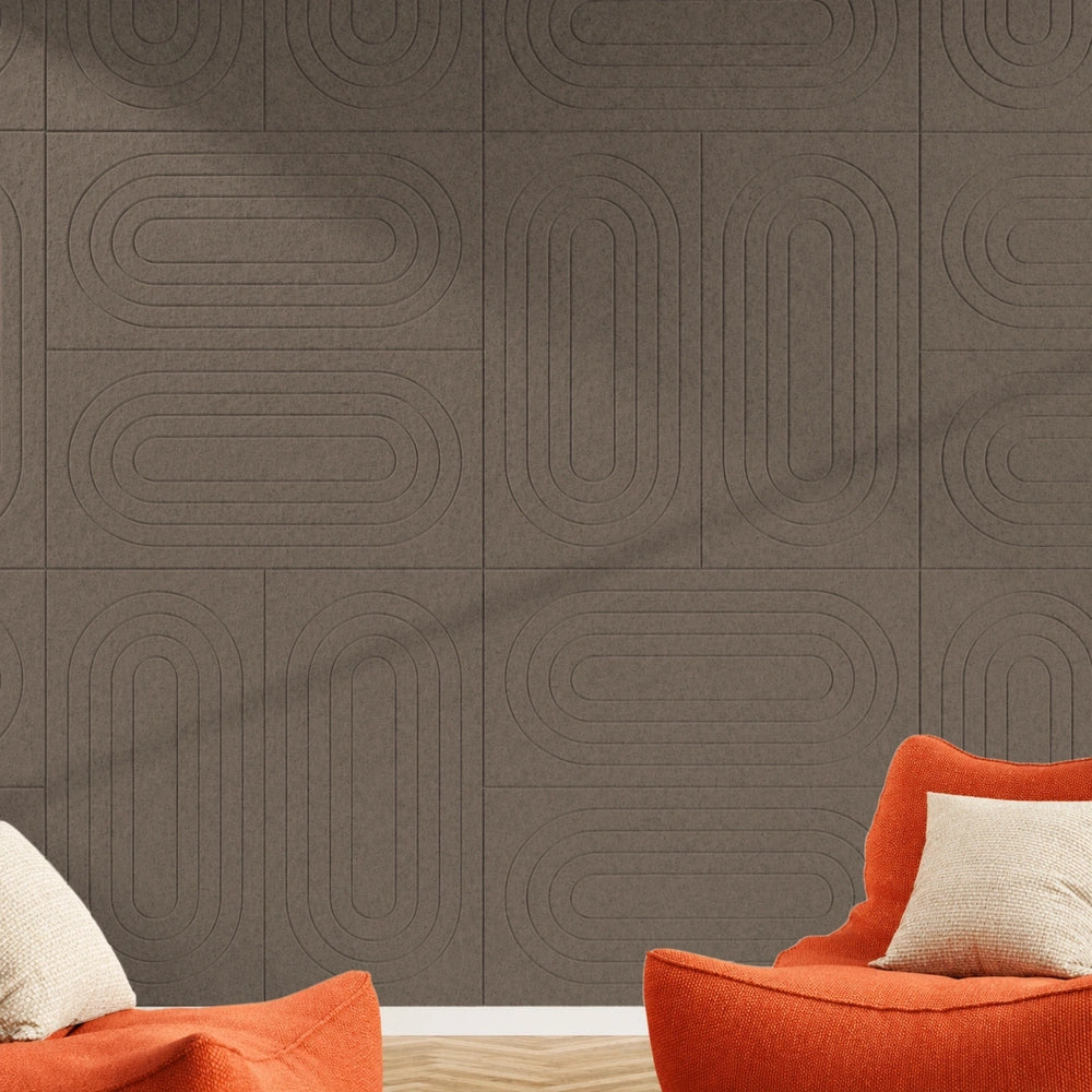 Akoestische wandtegels Groovy – geluiddempend vilt, retro golfpatroon in Taupe