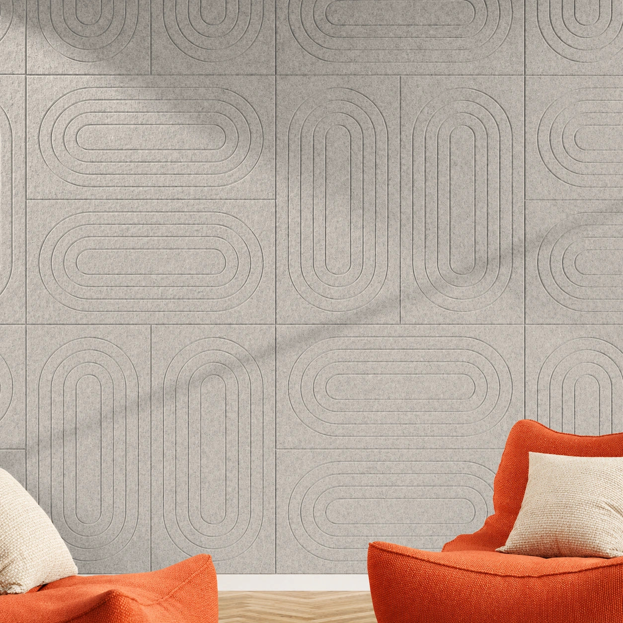 Akoestische wandtegels Groovy – geluiddempend vilt, retro golfpatroon in de kleur Light Beige