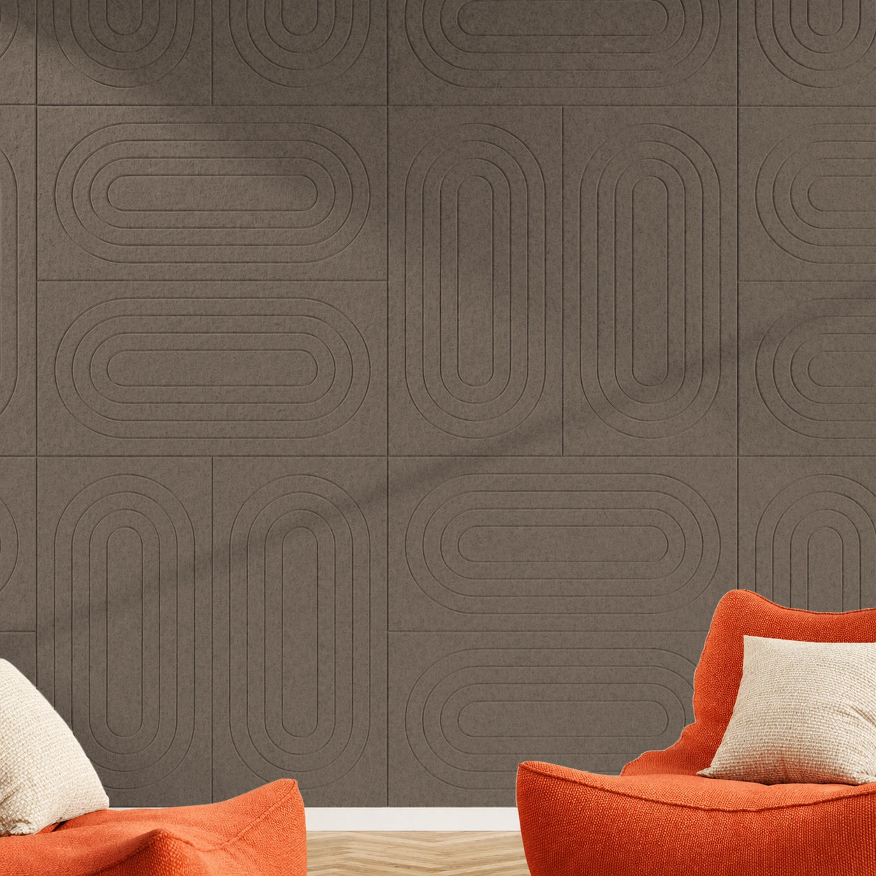 Akoestische wandtegels Groovy – geluiddempend vilt, retro golfpatroon in de kleur Taupe
